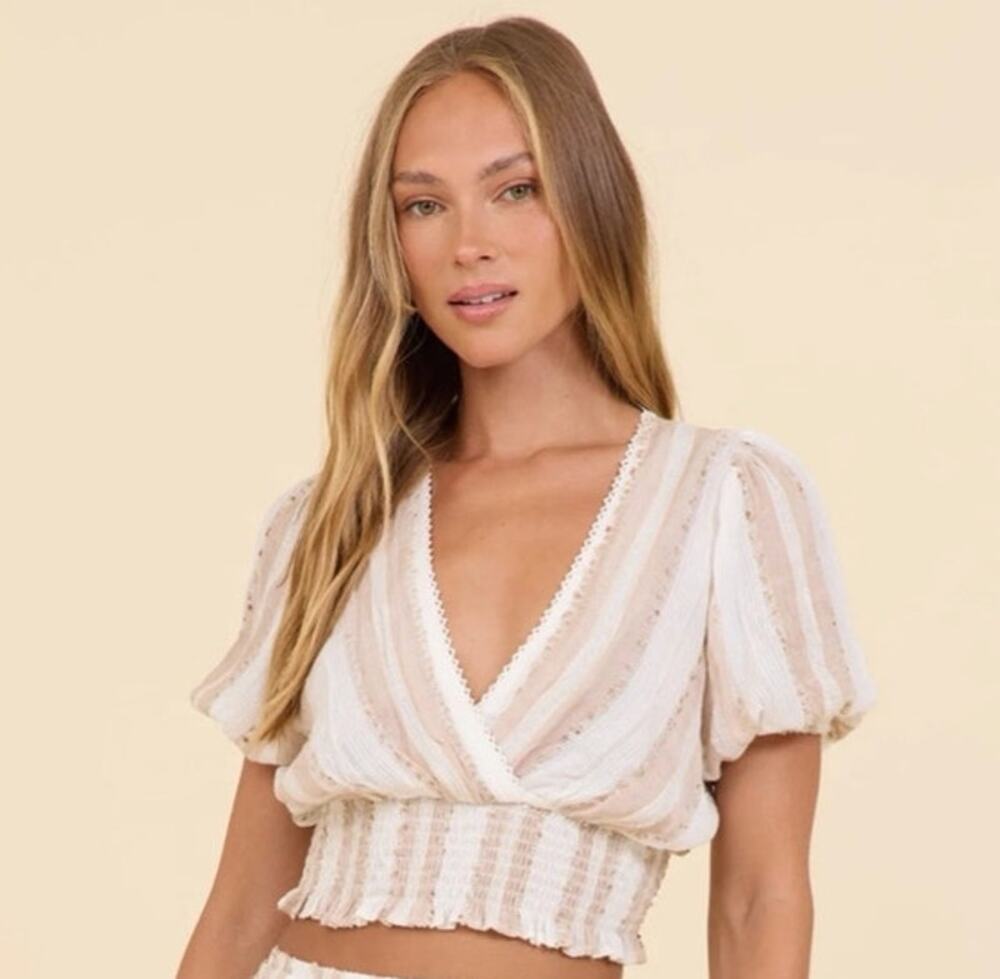 Surf Gypsy Natural Stripe Lurex Crop Top Size Small Boho Beach Vacation